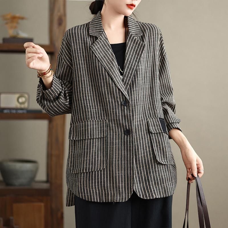 Dimanaf 2025 New Women Coat Stripe Jackets Linen Thin Vintage Outerwear Long Sleeve Spring Loose Button Coat
