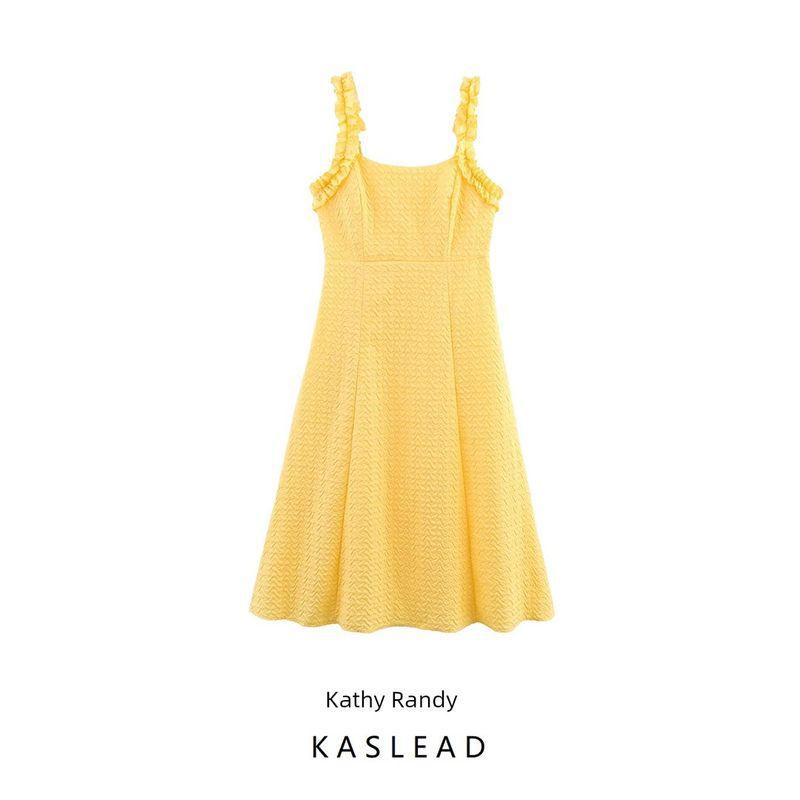 Kaslead New Women Clothes Western Style Fashion Plus Size Wooden Ear Decorative Embossing Sling Dress