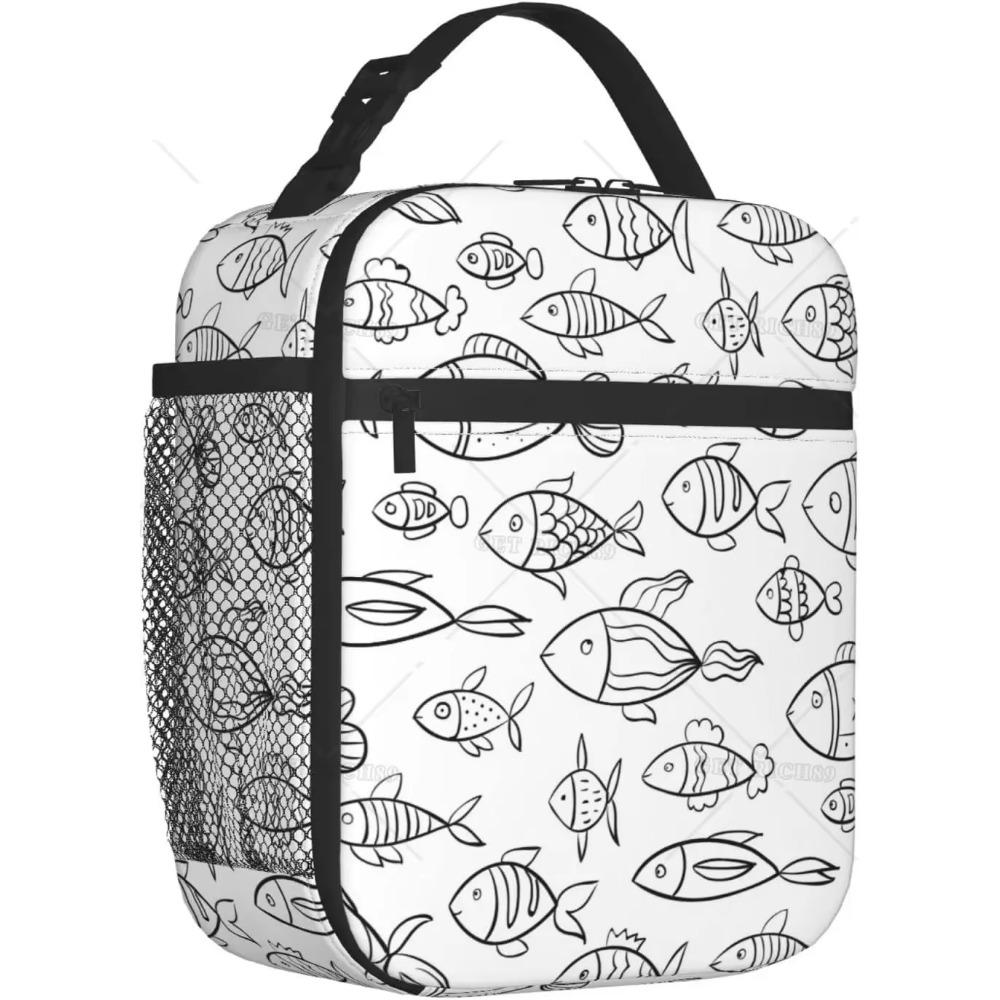 Hand Drawn Fish Portable Lunch Bag for Women/Men Insulated Reusable Lunch Box for Office Work School Picnic Beach Cooler Bag