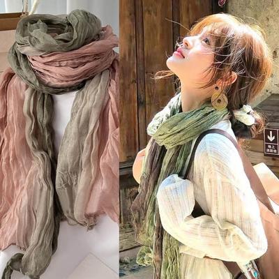 HOT Women's Gradient Color Linen Scarf Travel Wrinkle Hijab Scarf Linen Striped Scarves Thin Shawl Soft Shawl Female Wrap Shawls