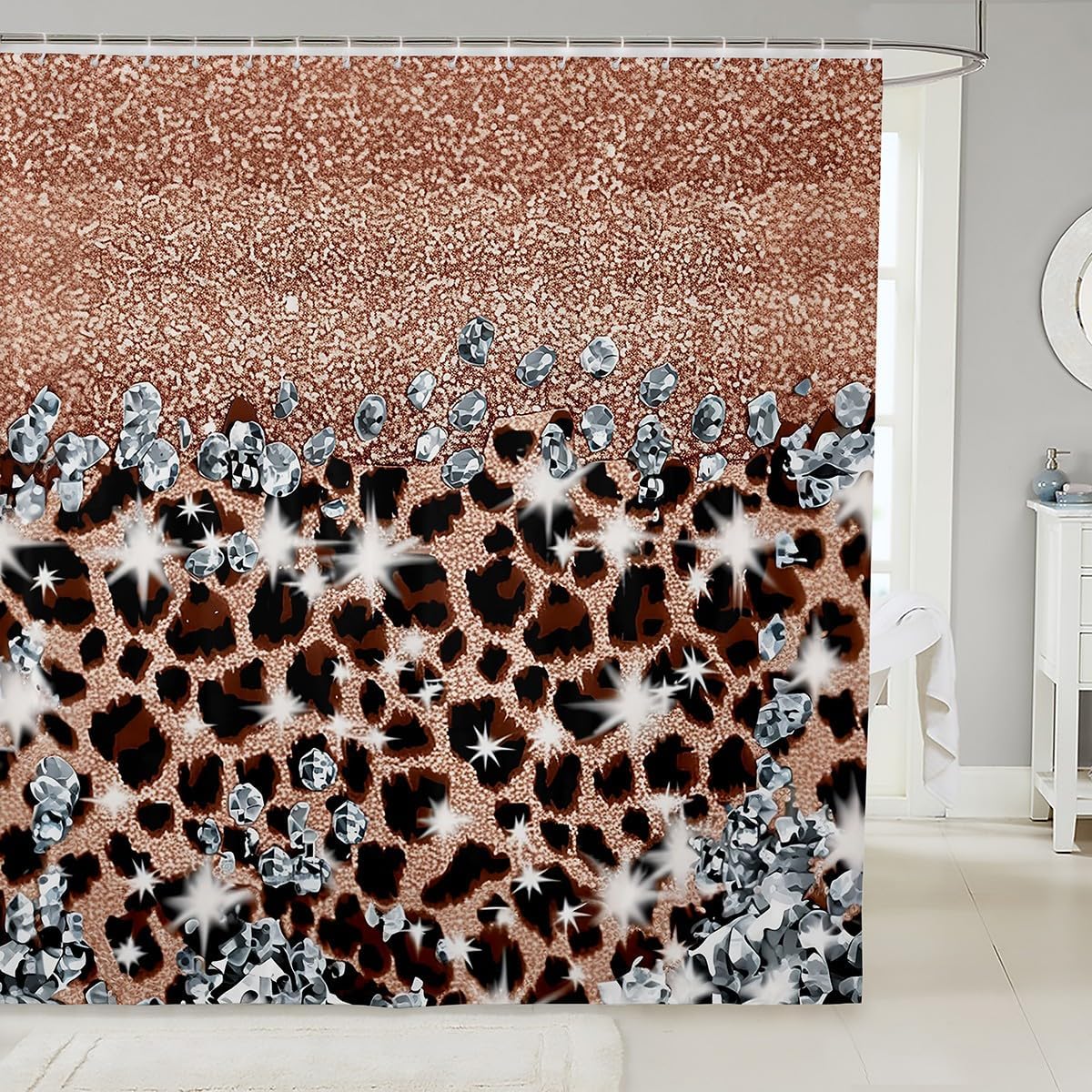 

Leopard Print Glitter Shower Curtain Rose Gold Diamond Pattern Glamour Bathroom Decor Linen180X230 W60H190(CM)-1 Pcs