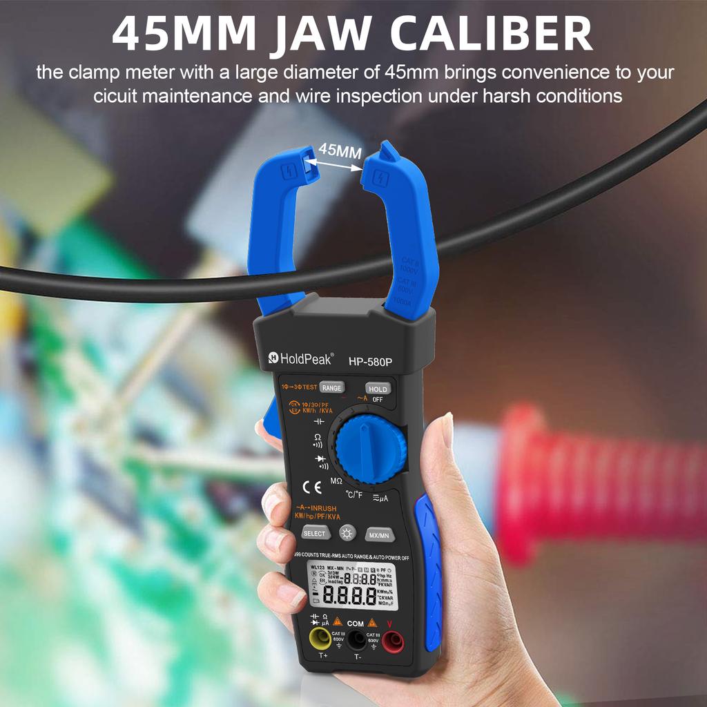 9999 Counts Power Meter Three-Phase Clamp Meter Multimeter, In-Rush Current,True RMS,ACV,ACA,KW,KVA,for HVAC,HOLDPEAK HP-580P