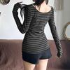 Gestreiftes vielseitiges Oberteil mit großem Rundhalsausschnitt, leichten und kontrastierenden Farben, Slim Fit, einseitiger Schulter-Pullover, gestricktes Spice Girl Top