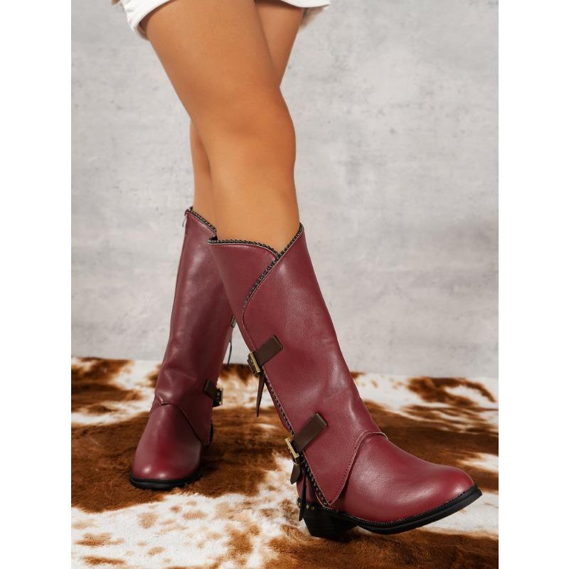 

Женские ботинки-рыцари большого размера на квадратном каблуке, осенне-зимние новые женские ботинки из комбинированной кожи с металлическими пряжками 43 бордовый