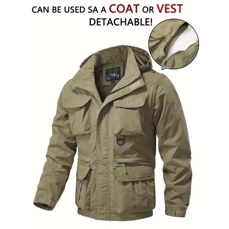 Detachable windproof sleeved hooded jacket suitable for outdoor activities men's casual waterproof multi pocket jacket vest