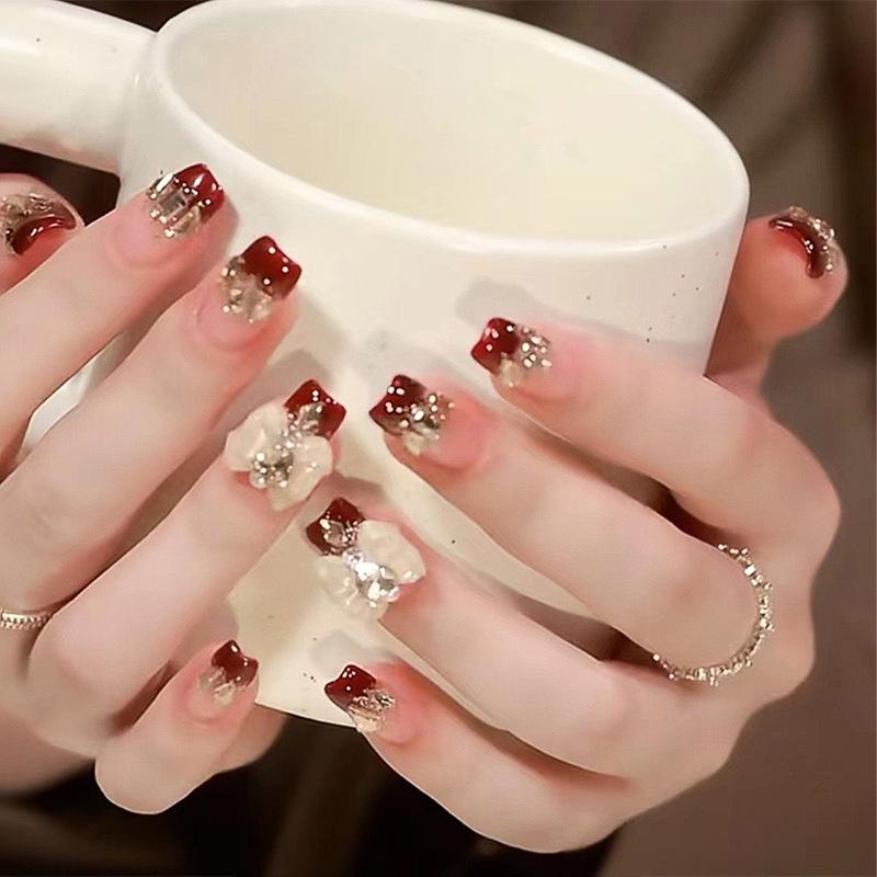 Medium-Long Burgundy Rhinestone Nail Stickers for Autumn/Winter and New Year