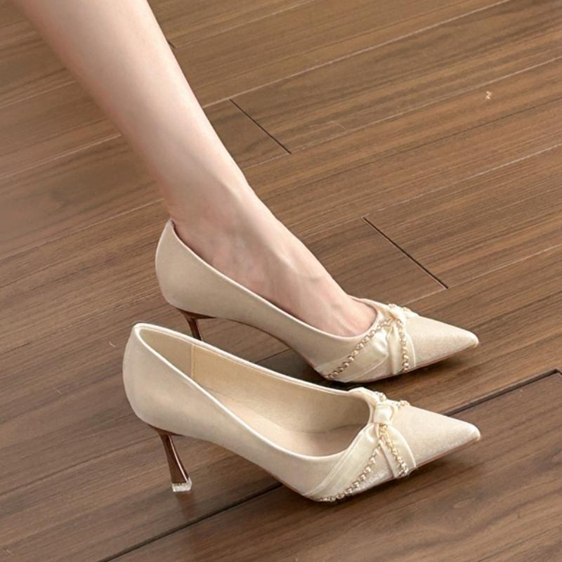 Temperament Stiletto Single Shoes Autumn New Pointed Toe Shallow Mouth Metal Chain Slip-on Anti-slip Wear-resistant High Heels