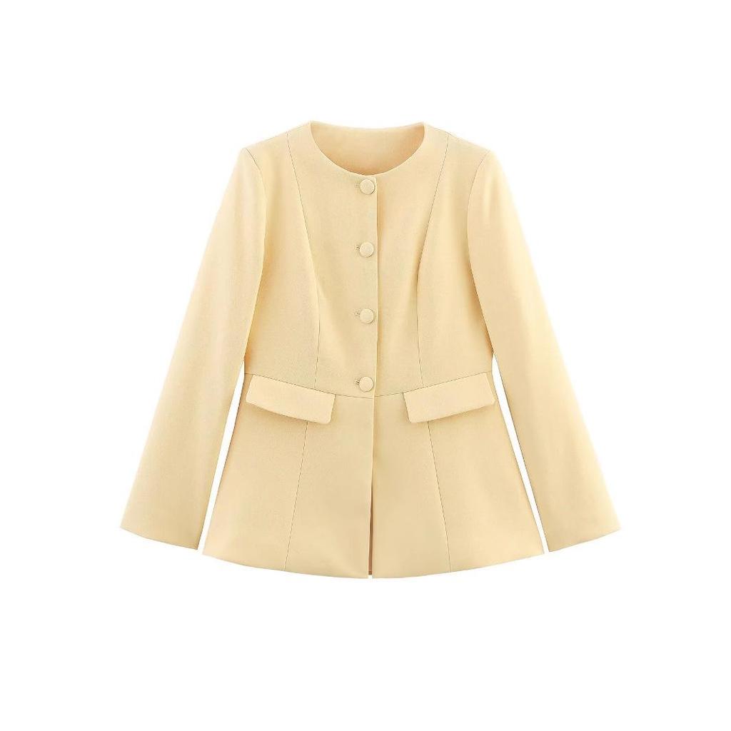 European & American Women's Round Neck Slim Fit Short Blazer with Row Button