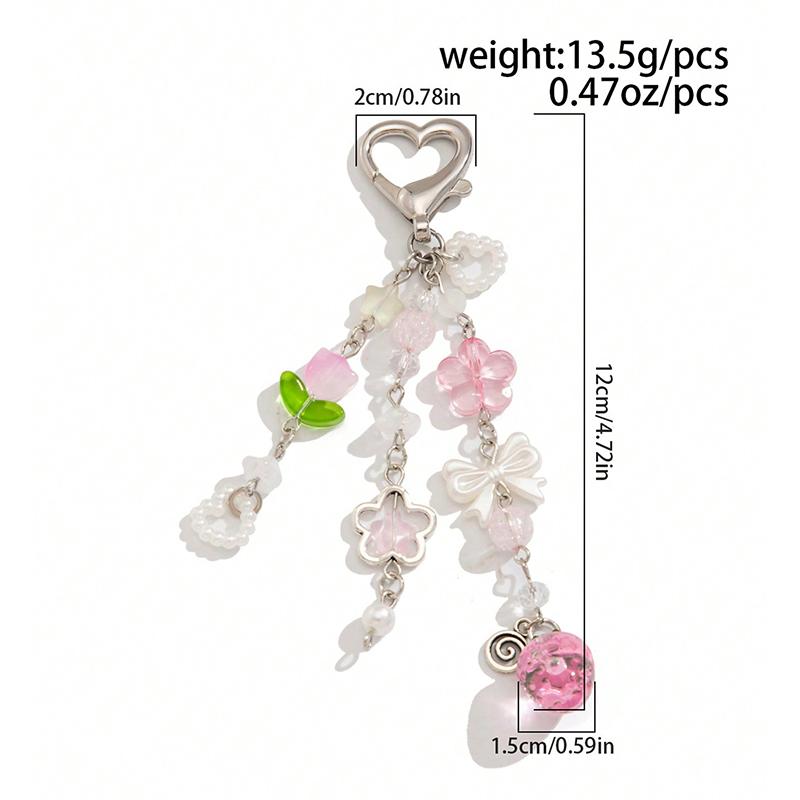 Imitation Pearl Bow Heart Pendant Bag Pendant Pink Strawberry Hollow Flower Tulip Beaded Keychain Accessories