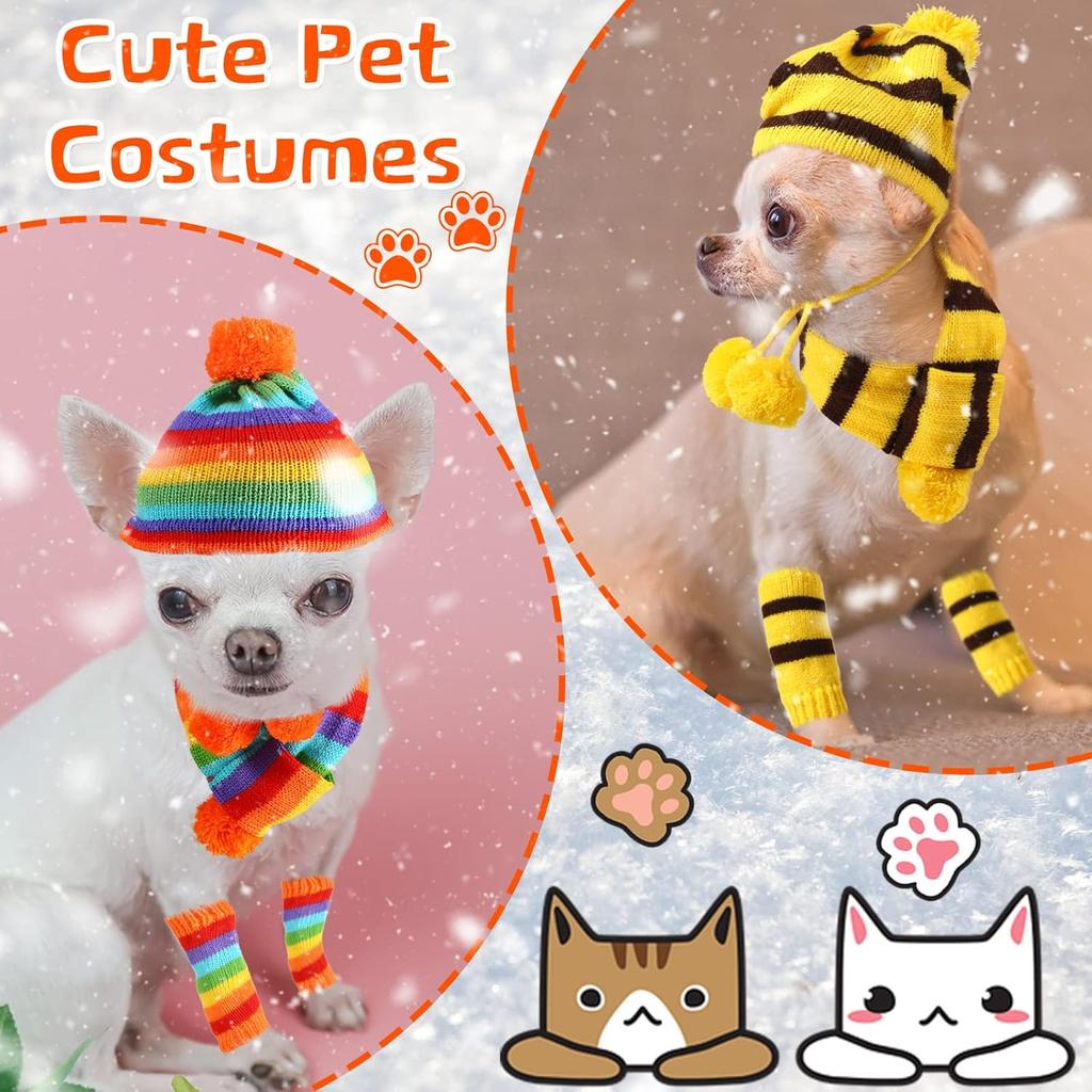Saintrygo 12 Pcs Dog Leg Warmers Hat Scarf Set Winter Knitted Dog Costume Set Include Warm Striped Hat Small Scarf Leg Warmers for Pet Cat Puppy, S