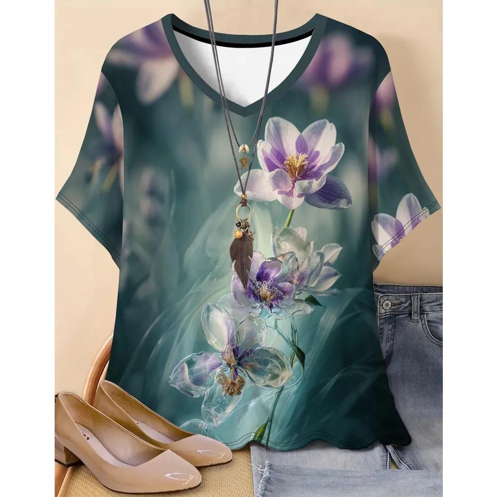 

Colorful Flower Creative 3D Printed Short Sleeved T-shirt Fashionable Comfortable Soft Breathable Large Loose Womens Plus V-neck T-shirt 7XL