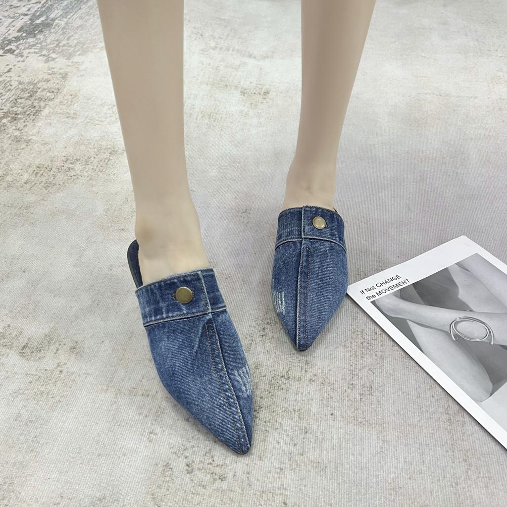 Foreign trade large size bag head retro denim women's shoes summer new women's wear comfortable soft sole thick heel slippers