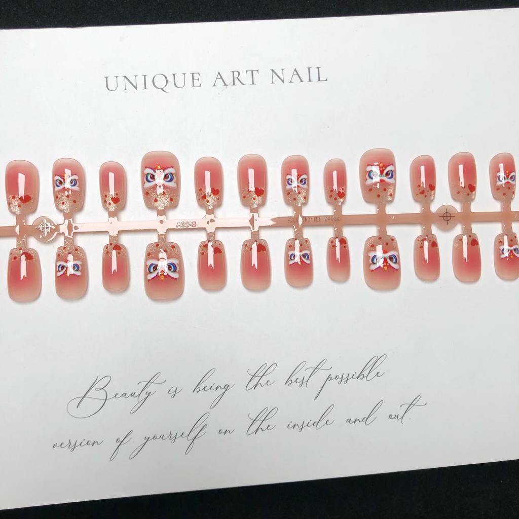 Sweetheart Pink French Heart Lion Dance Wearable Nails - Short New Year Nail Art Patches in Sweet Style