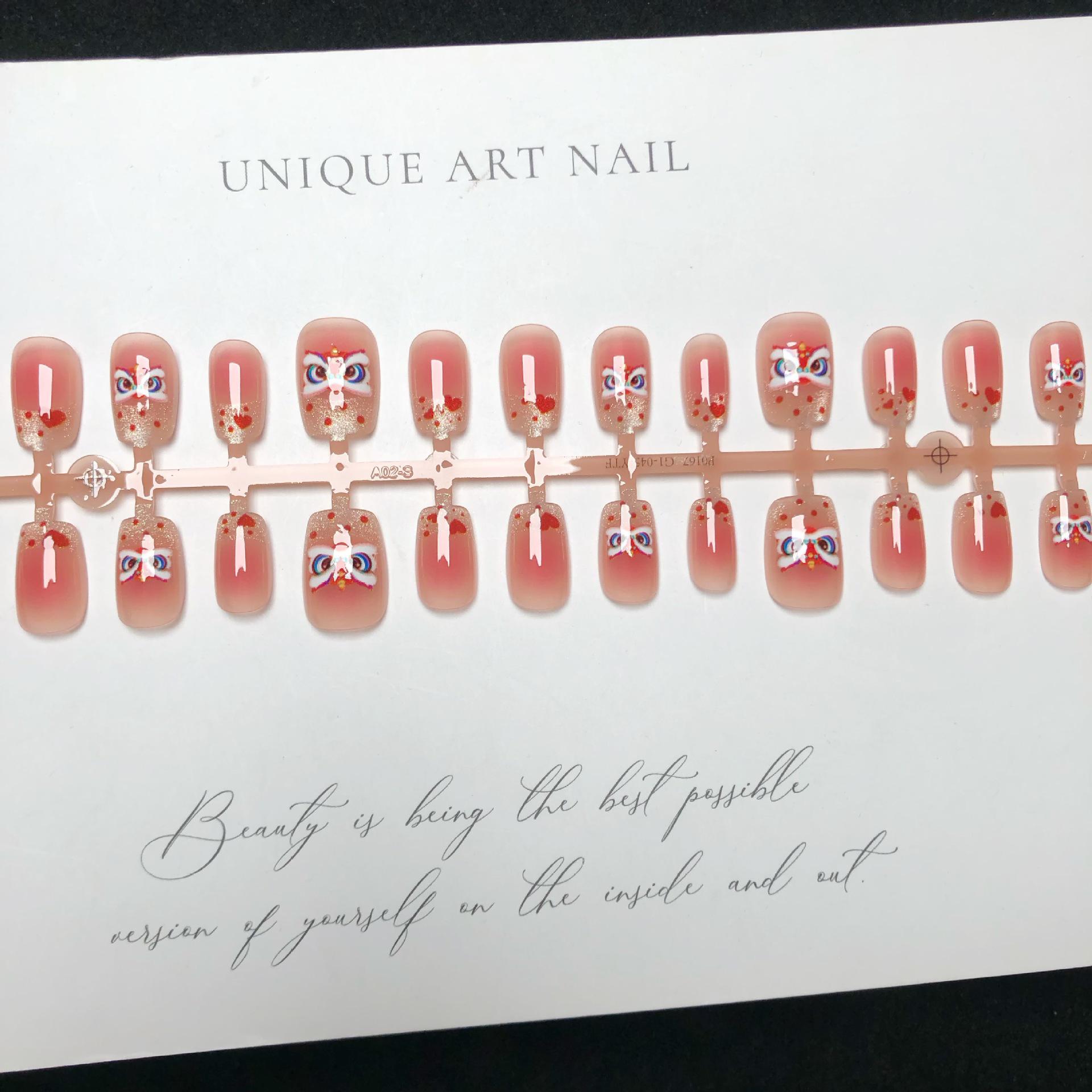 

Sweetheart Pink French Heart Lion Dance Wearable Nails - Short New Year Nail Art Patches in Sweet Style