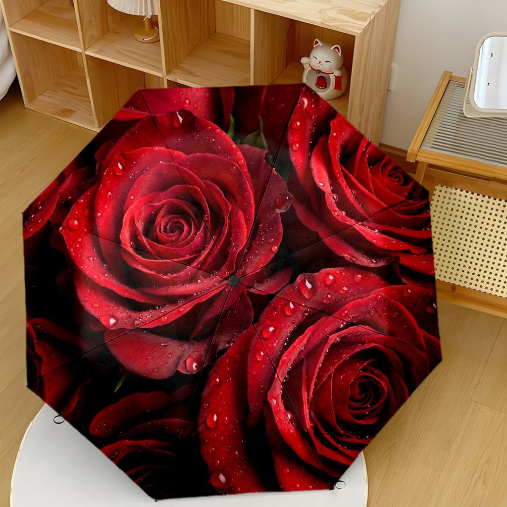 Red Roses And Green Leaves Mandala Design Automatic Umbrella Sturdy 8 Rib Shaft Foldable Design All Season Women'S Umbrella For Travel Stylish