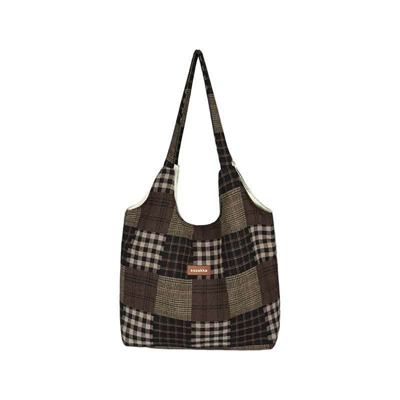 Retro Check Pattern Patchwork Tote Bag - Large Capacity Hand-held Shoulder Bag