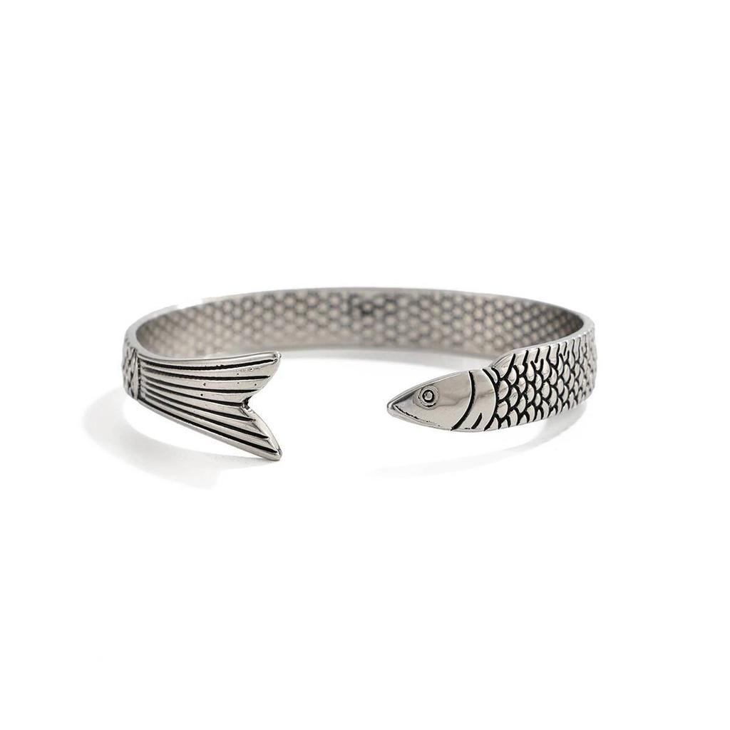 KunJoe New Creative Fashion Personality Lucky Fortune Fish Open Adjustable Bangle Men HipHop Silver Color Metal Bracelet Jewelry