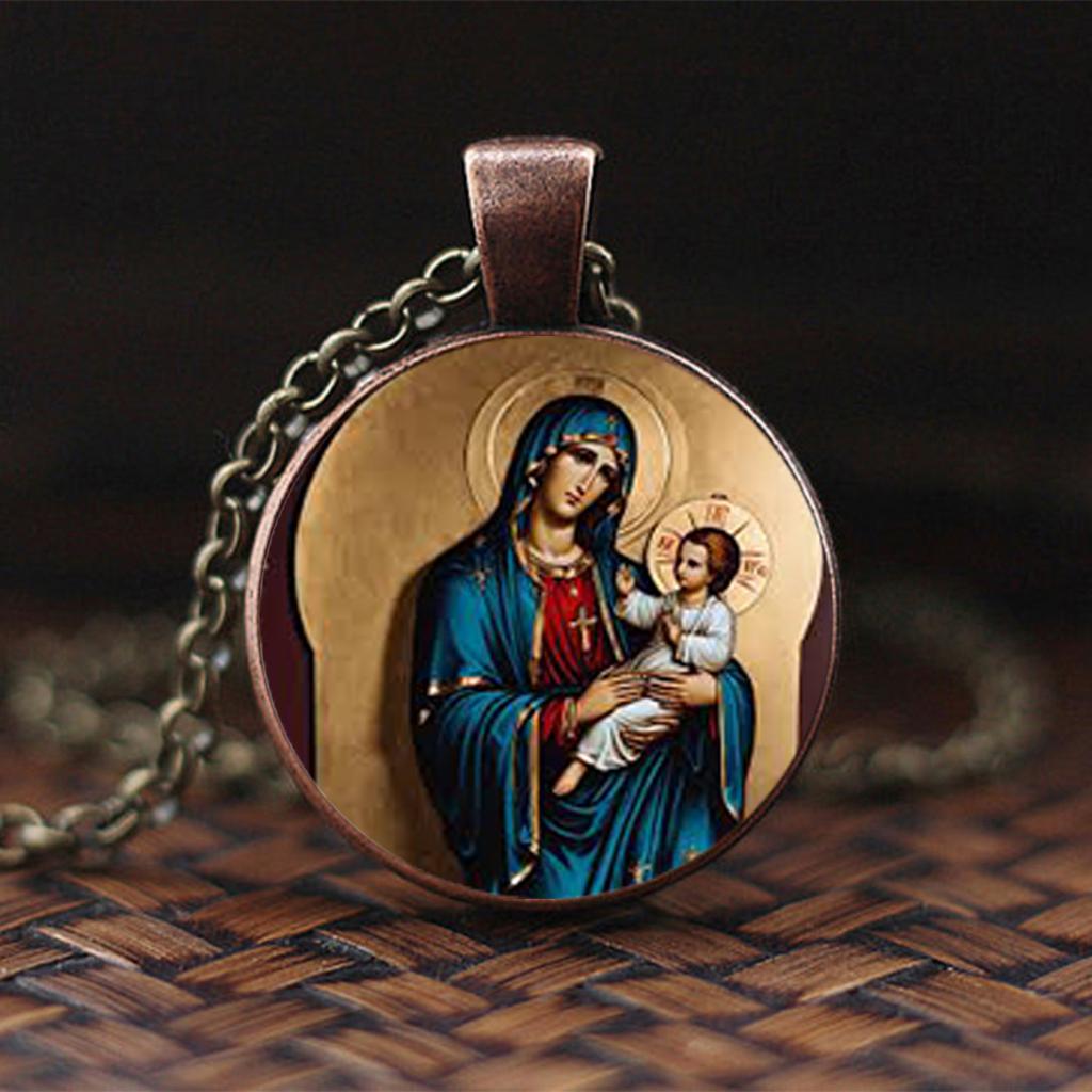 Glass Pendant Of The Virgin Mary And Baby, Christian Jewelry Painted With Oil Of Jesus, Gift Necklace For Men And Women.