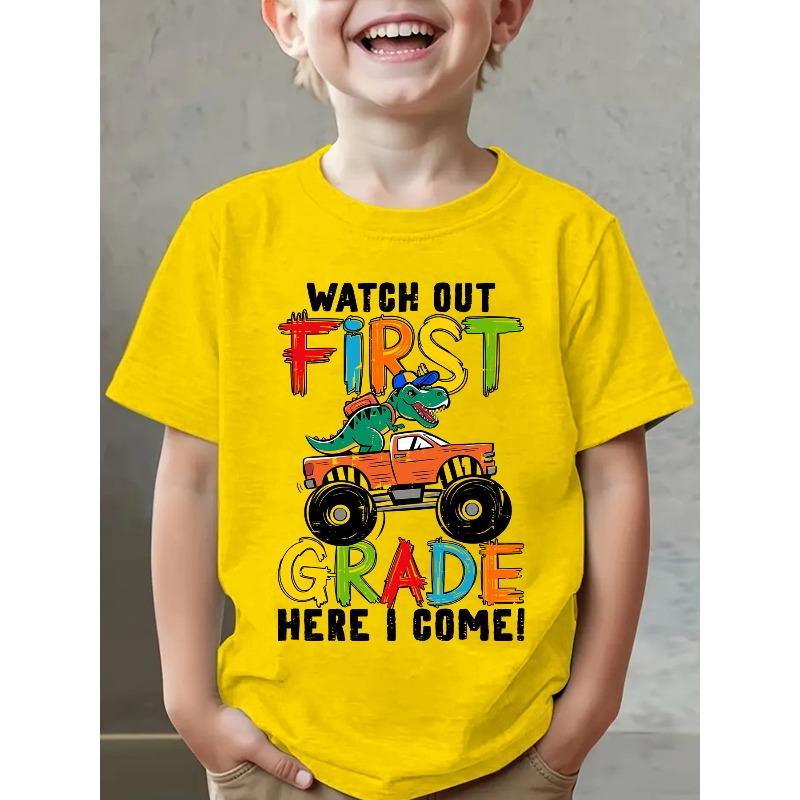 Boys Crew Neck Short Sleeved T Shirt with Dinosaur Themed Elements for the School Season Print