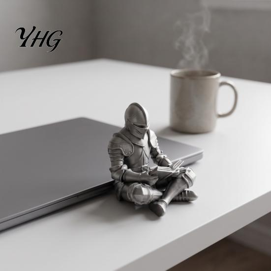 Creative Reading Knight Figure 3D Printed Armored Figurine, Sitting Sculpture, Unique Bookcase Decor Retro Statue for Bookshelf and Office Desktop