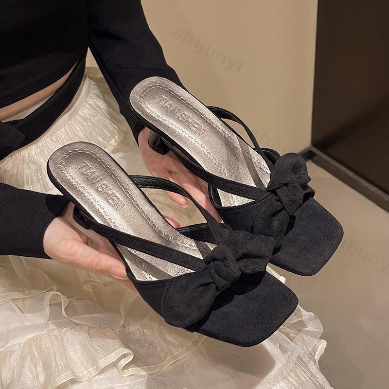 Fashion Summer Women's Slippers Leopard Print 2025 New Fashion Casual High-heeled Slippers French Bow Open Toe Square Toe Zapatos Mujer