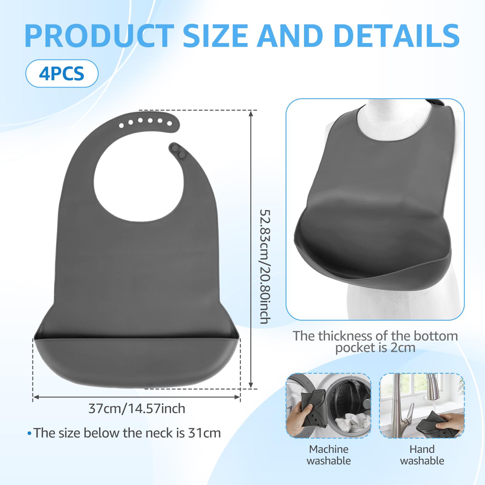 

4 шт. Силиконовые слюнявчики для взрослых, регулируемые, водонепроницаемые, с карманом для крошек, защита одежды для пожилых женщин и мужчин 4Pc серый