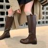 Autumn and Winter Women's Leather Boots Medium Heel Large Size Women's Boots Cowhide Big Tube Circumference Knight Boots New Rubber Sole High Boots W