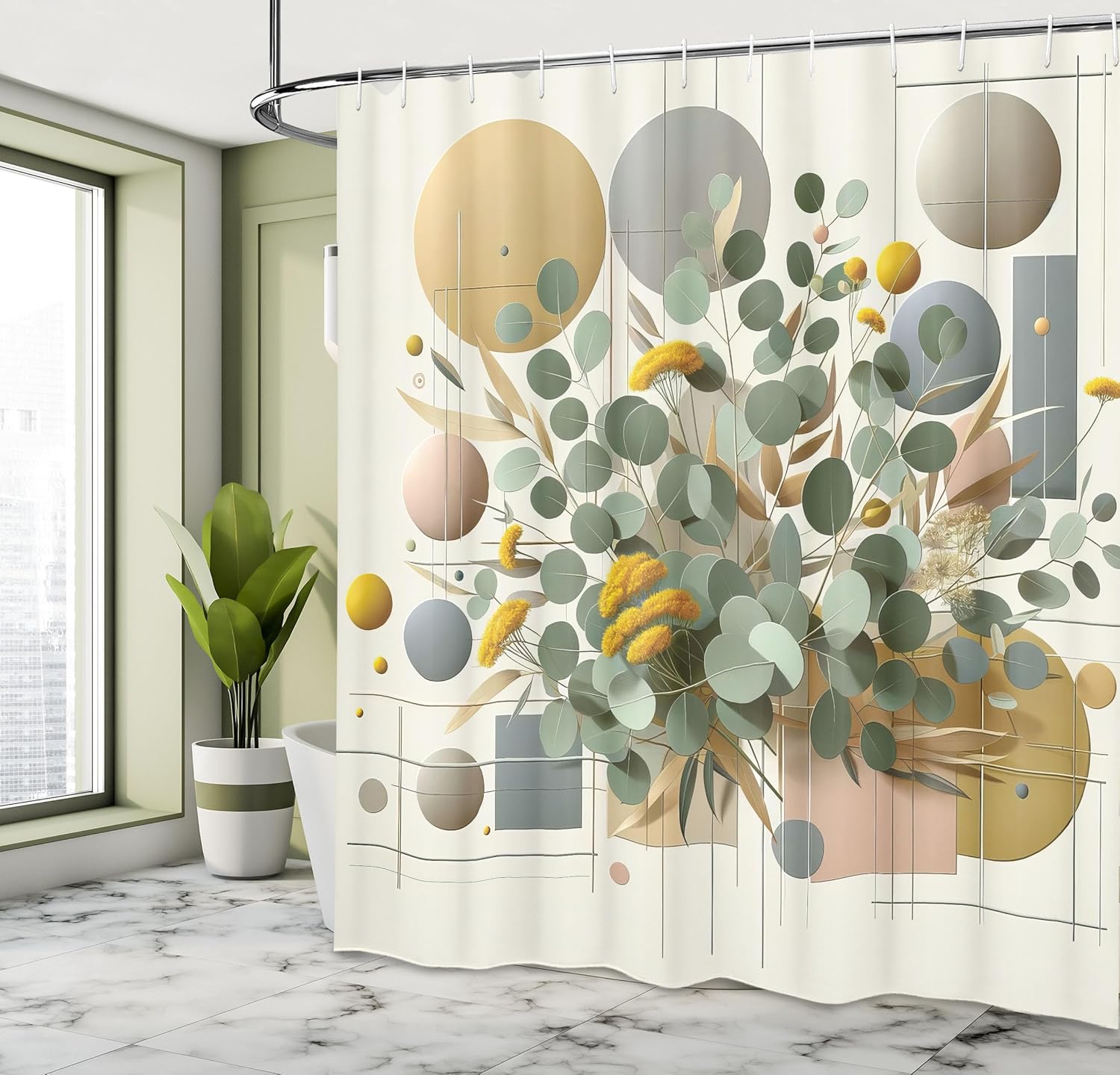 

Eucalyptus Leaves Shower Curtain, Blooming Botanical Design With Squares And Circles On Pastel Tones, Cloth Fabric Bat W60H190(CM)-1 Pcs