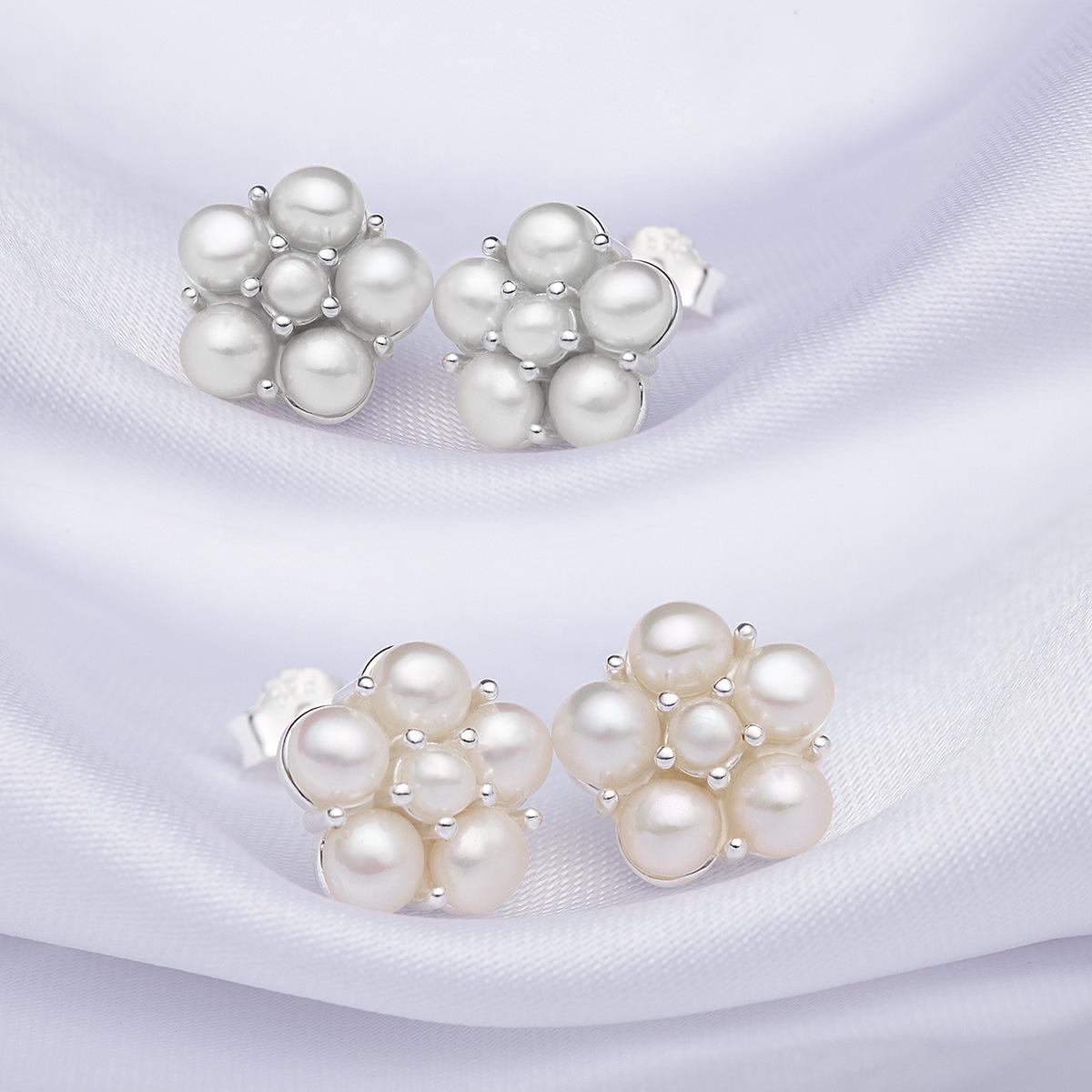 

925 Silver Freshwater Pearl Flower Cluster Stud Earrings - Elegant Women s Jewelry, Perfect Birthday Gift.