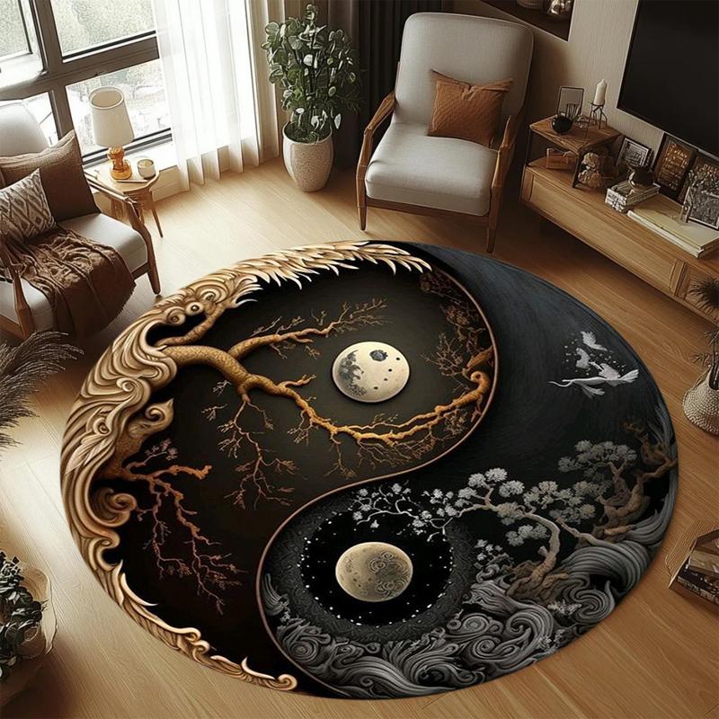 

Yin Yang Round Area Rug Non-Slip Washable Floor Mat with Sun Moon Cloud Tree Print in Black Gold Grey for Zen Home 80cm x 80cm