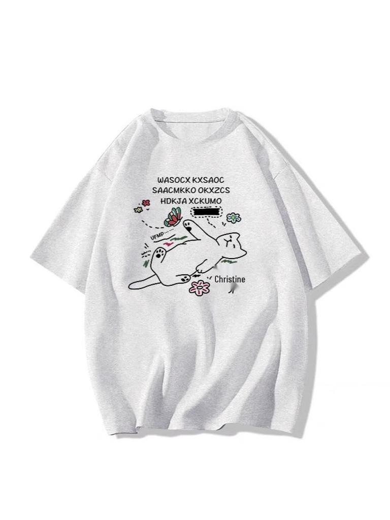 Women's Heather Gray Retro Short-Sleeve T-Shirt - 2025 Summer Loose Straight-Shoulder Design