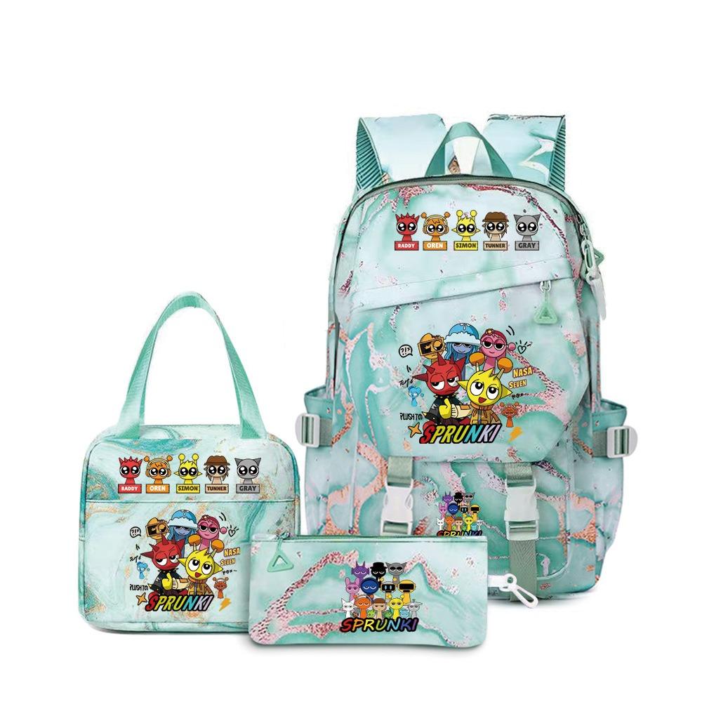 Around the box, elementary school bag sprunki cartoon backpack three-piece set D