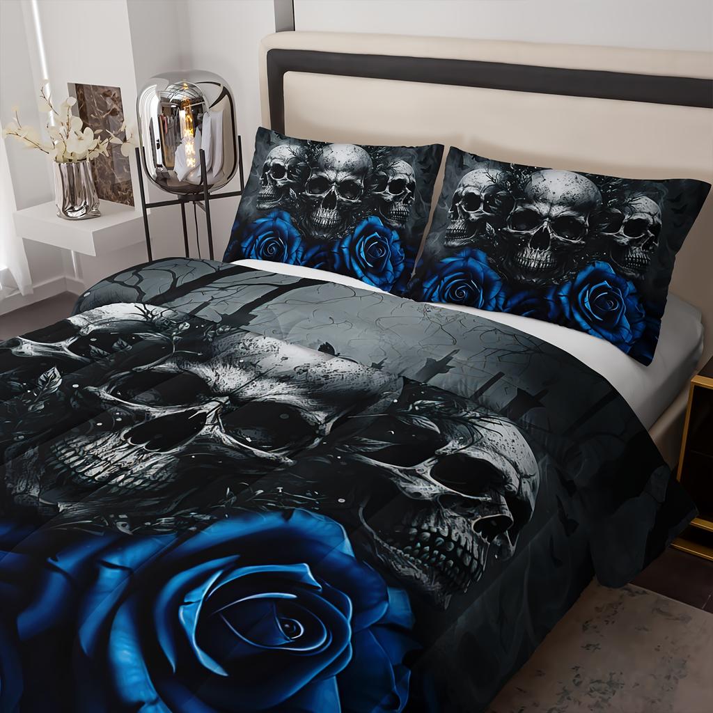 3pc Skull Bedding Set Goth Bedding Sets Queen size King size With  Rose Halloween Skull Bed Blue Black Duvet Cover