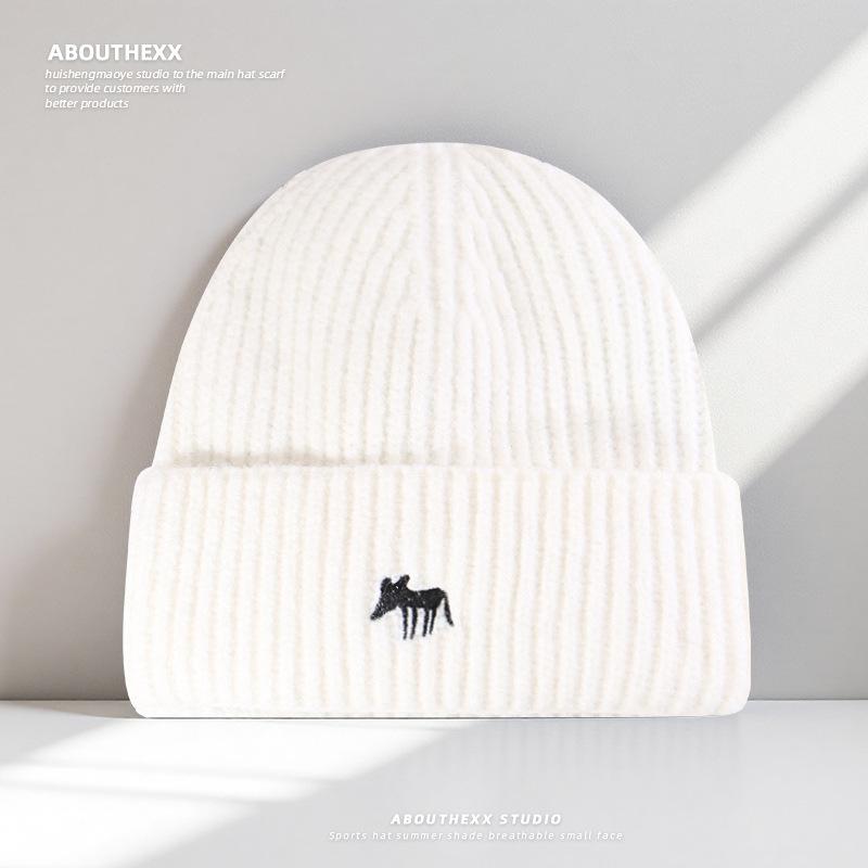Couple Style Cute Cartoon Little Fox Embroidered Hat for Women Autumn and Winter Warm Knitted Hat Ear Protection Korean Style Woolen Hat for Men