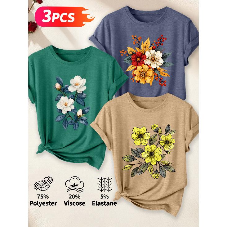 Lele Directional Three-piece set for women, elegant style T Shirt Hibiscus autumn leaves and berries floral print with an artistic and whimsical