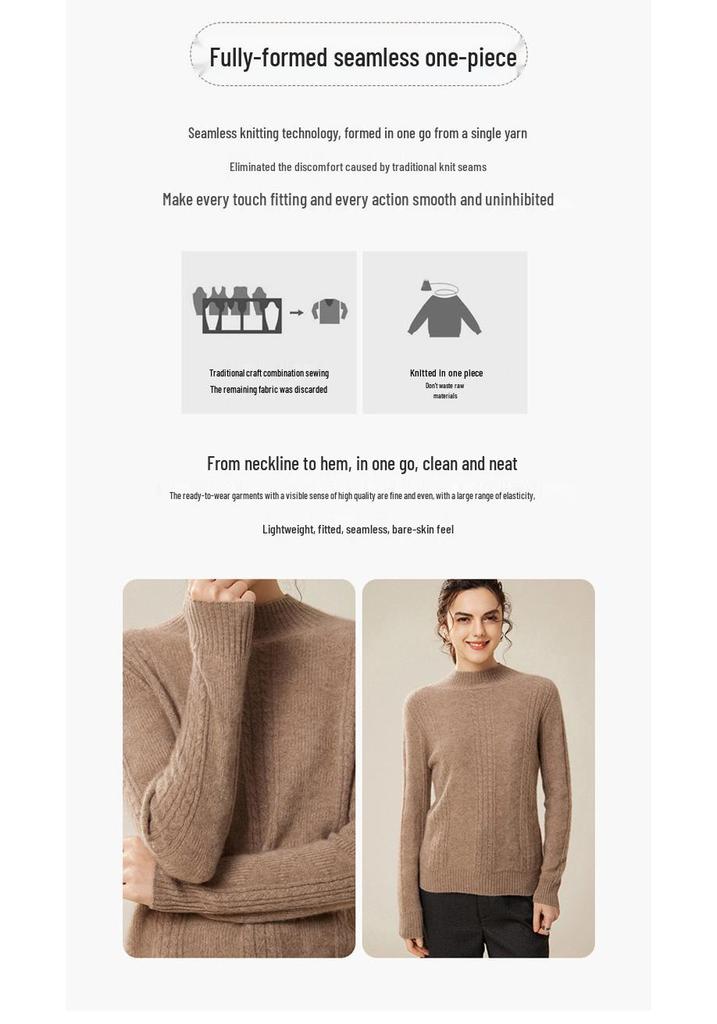 Women's 100% Pure Cashmere Sweater - New Autumn/Winter High-Neck Cable Knit Base Layer