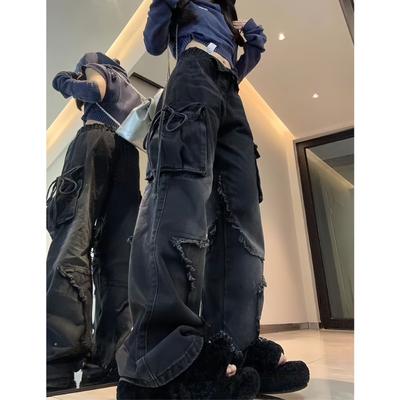 Schwarze Gothic Loose Work Jeans für Damen mit Sternen, Harajuku, Y2k, ästhetische Vintage-Jeans mit Taschen, Designhose