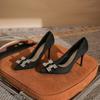 B temperament pointed head rivet bow high heels women's thin heel high-end versatile single shoes spring and autumn women