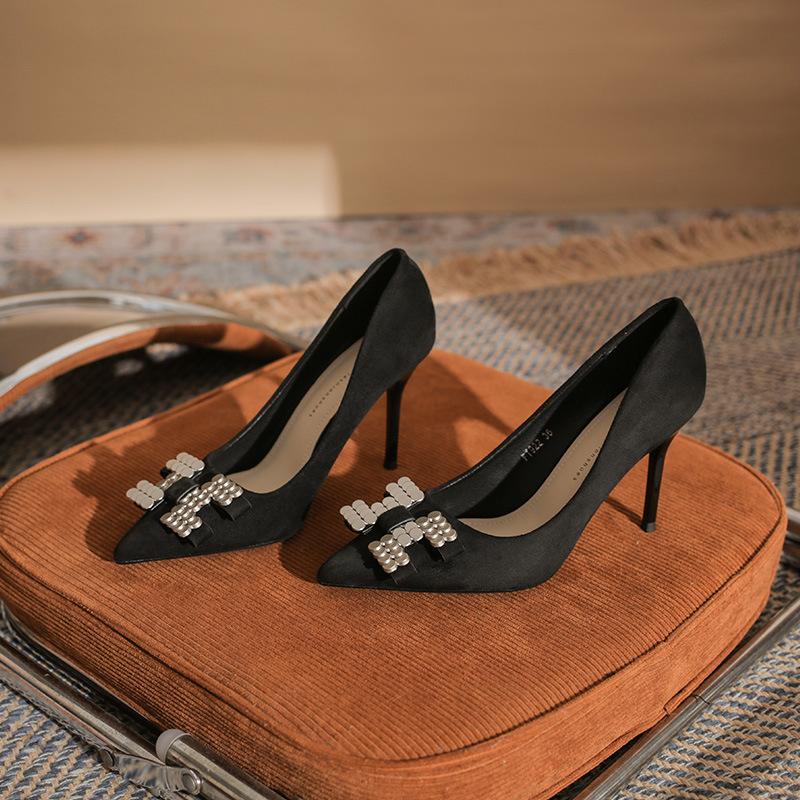 B temperament pointed head rivet bow high heels women's thin heel high-end versatile single shoes spring and autumn women