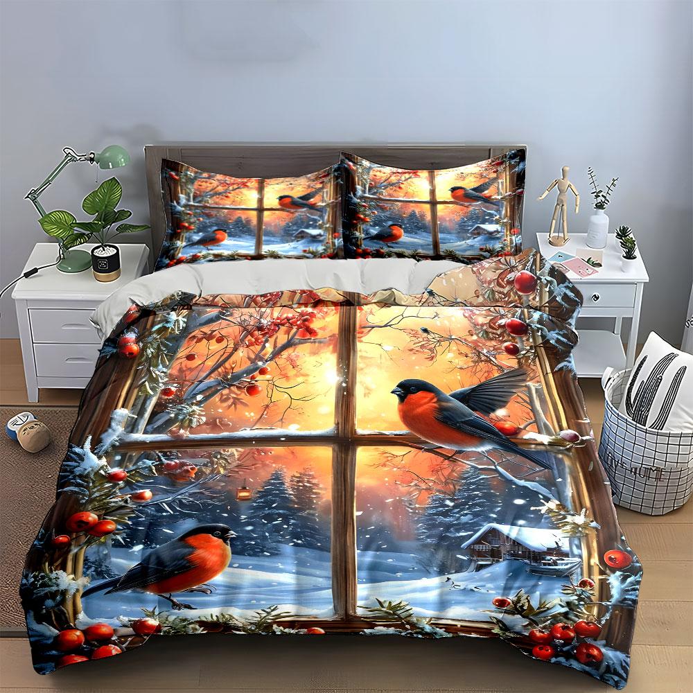 Winter Birds And Snowy Landscape Kid'S And Adults' Bedroom Decor, Exquisite Three-Piece Bedding Set Gift