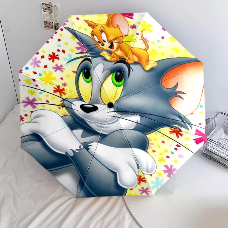 1pc Tom and Jerry pattern Umbrella Portable Folding Umbrella Iron Frame Hole Bone Structure Outdoor Home Umbrella