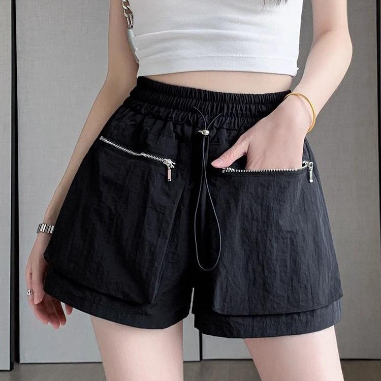 Women's High-Waisted Wide-Leg Casual Pants with Elastic Waist and Zippered Pocket - Summer Thin and Breathable Fabric.
