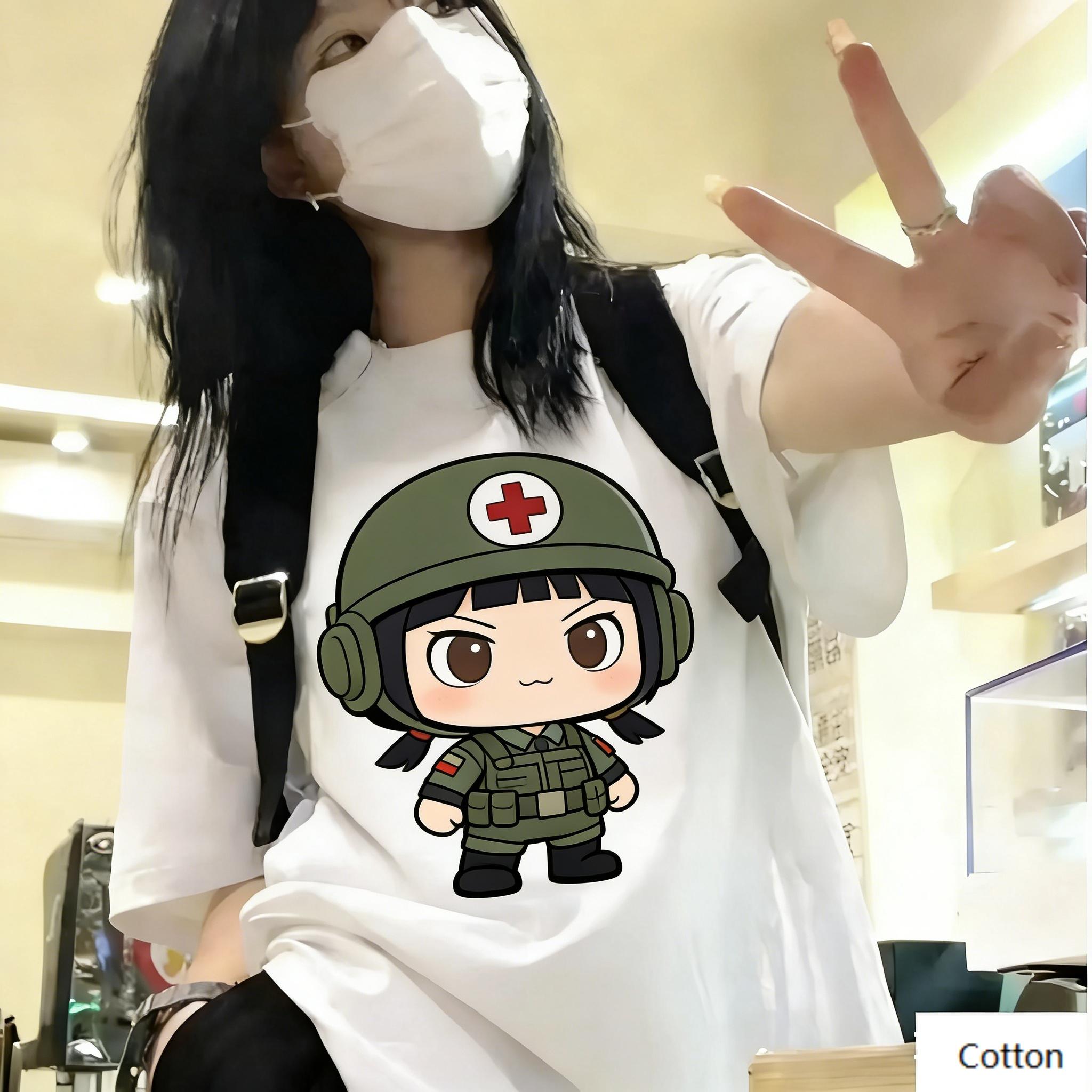 

Streetwear Unisex Cotton TShirt Featuring Edgy Cartoon Medic Design Kawaii Military Style Top for Trendy Individuals M