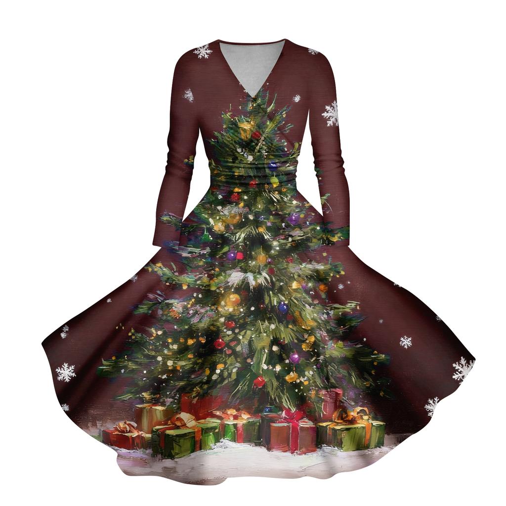 Ladies' Casual And Fashionable Christmas Tree Print Long Sleeved V-neck Sexy Pocket Dress