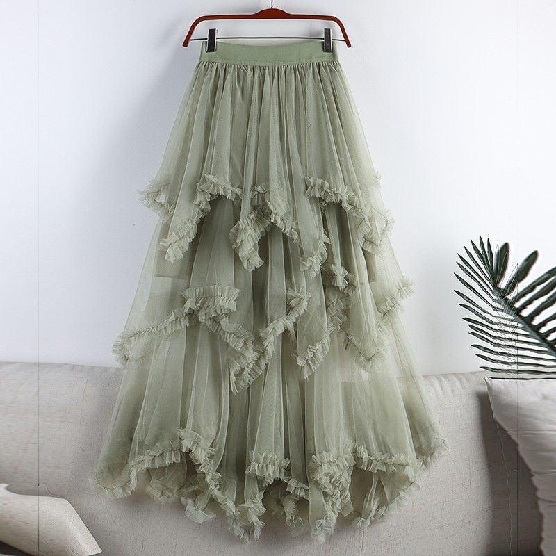 Women's Summer High-Waisted Asymmetric Midi A-Line Mesh Skirt Sweet Tiered Skirt Half-Skirt