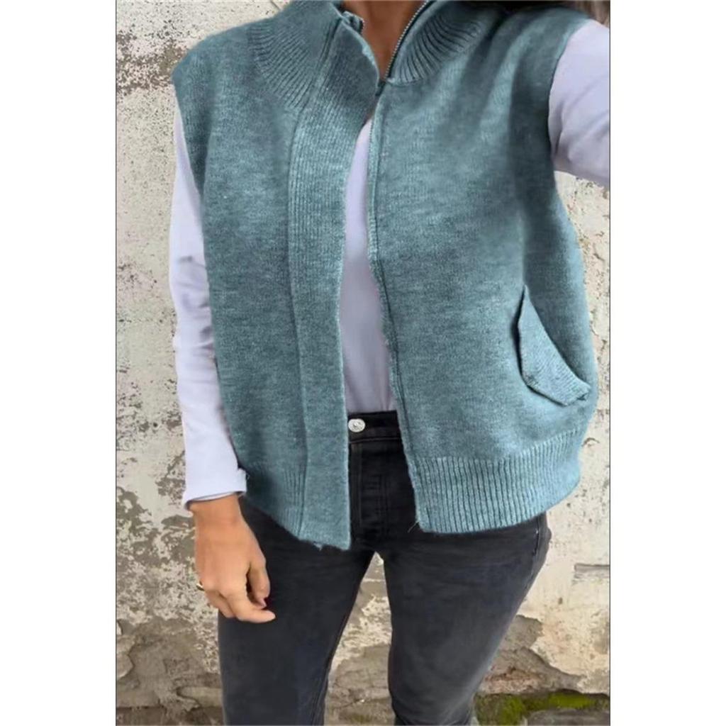 Winter Women's Stand Collar Zip Knitted Vest Loose Casual Open Front Sweater Gilet for Autumn Winter