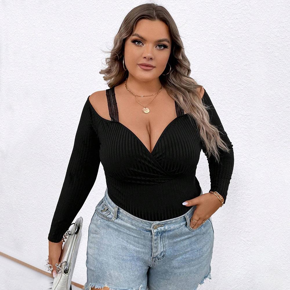 Plus Size Women Simple Sexy V Neck Long Sleeve Slim Fit Solid T Shirt Top 1XL