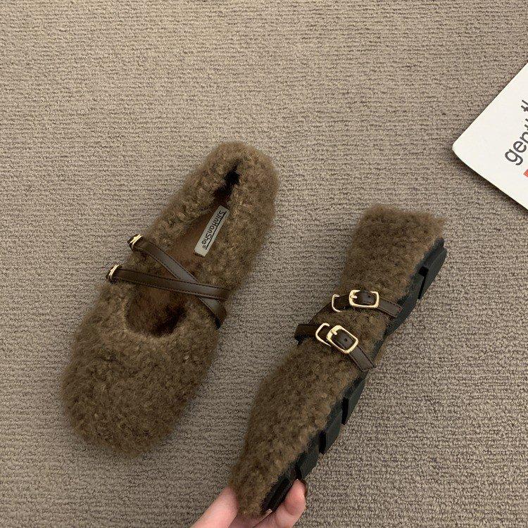 French Cross-buckle with Mary Jane Cotton Shoes for Women's 2025 Autumn and Winter New Models, Comfortable and Versatile Mao Mao Shoes