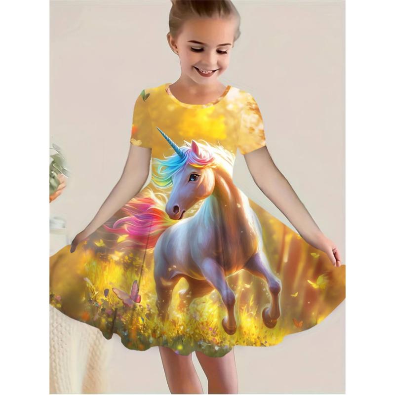 

Unicorn Girl Cute Short-Sleeve Dress with Colorful Patterns, Elegant Party Dress, 110