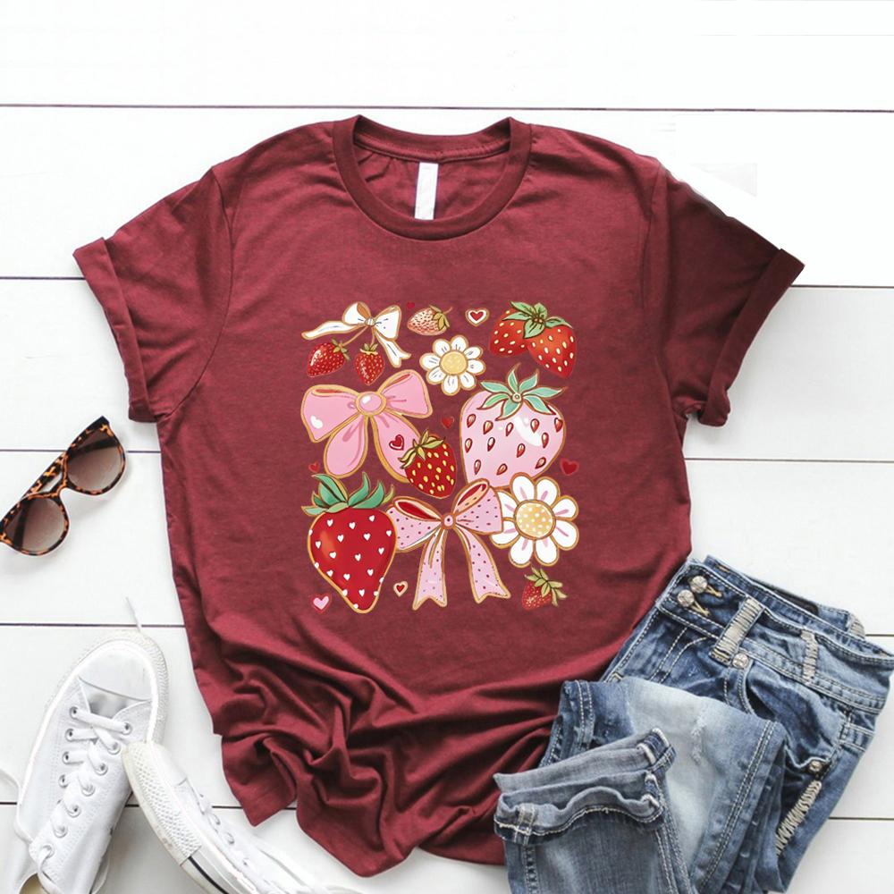 Strawberry Floral Shirt Cute Bow Graphic Tee Cottagecore Aesthetic Clothes Women's Graphic T Shirts Summer Fruit Crewneck Top